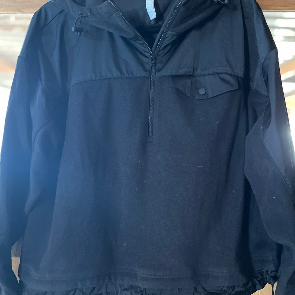 Athleta Quarter Zip Black Nylon/Fleece Hooded Pullover